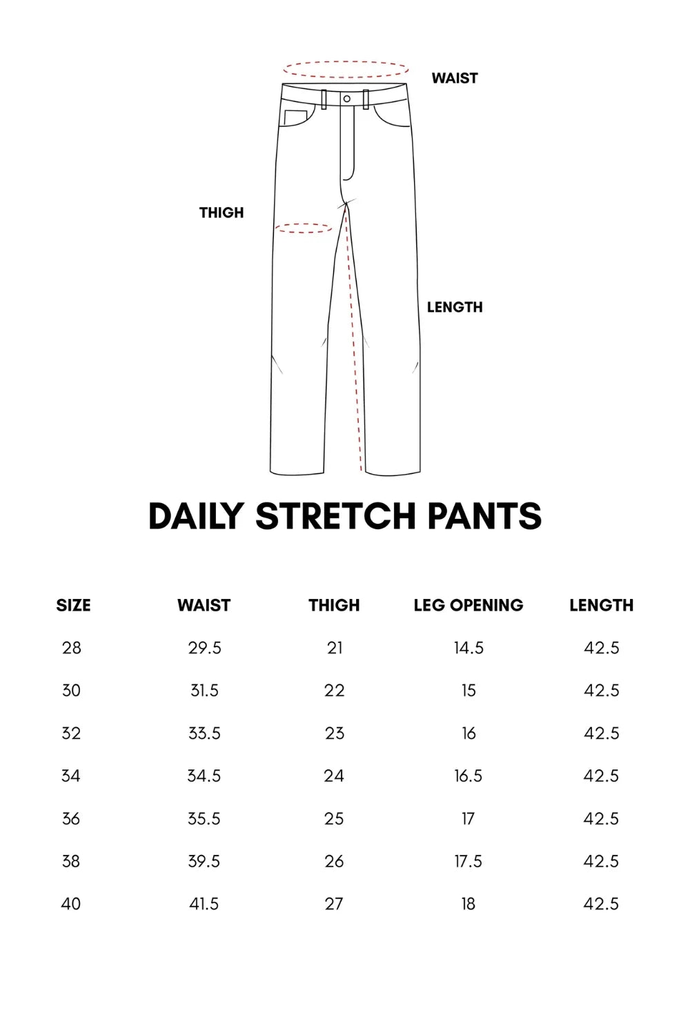 Detailed size chart displaying measurements for men’s stretch trousers