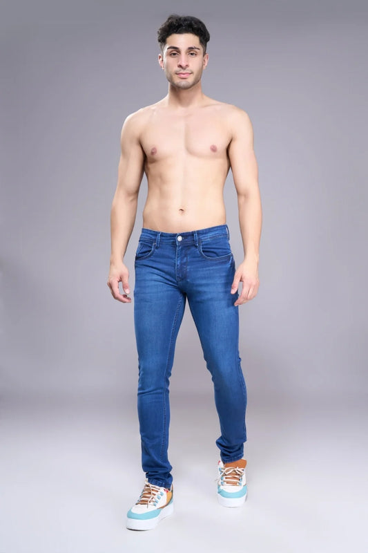 Front pose of men's stretchable regular fit jeans in premium denim
