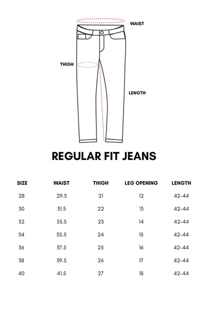 Size chart for men’s stretchable regular fit jeans