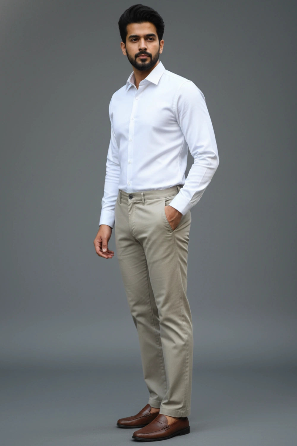 Man wearing a white shirt, light brown cotton pants, and brown shoes on a gray background