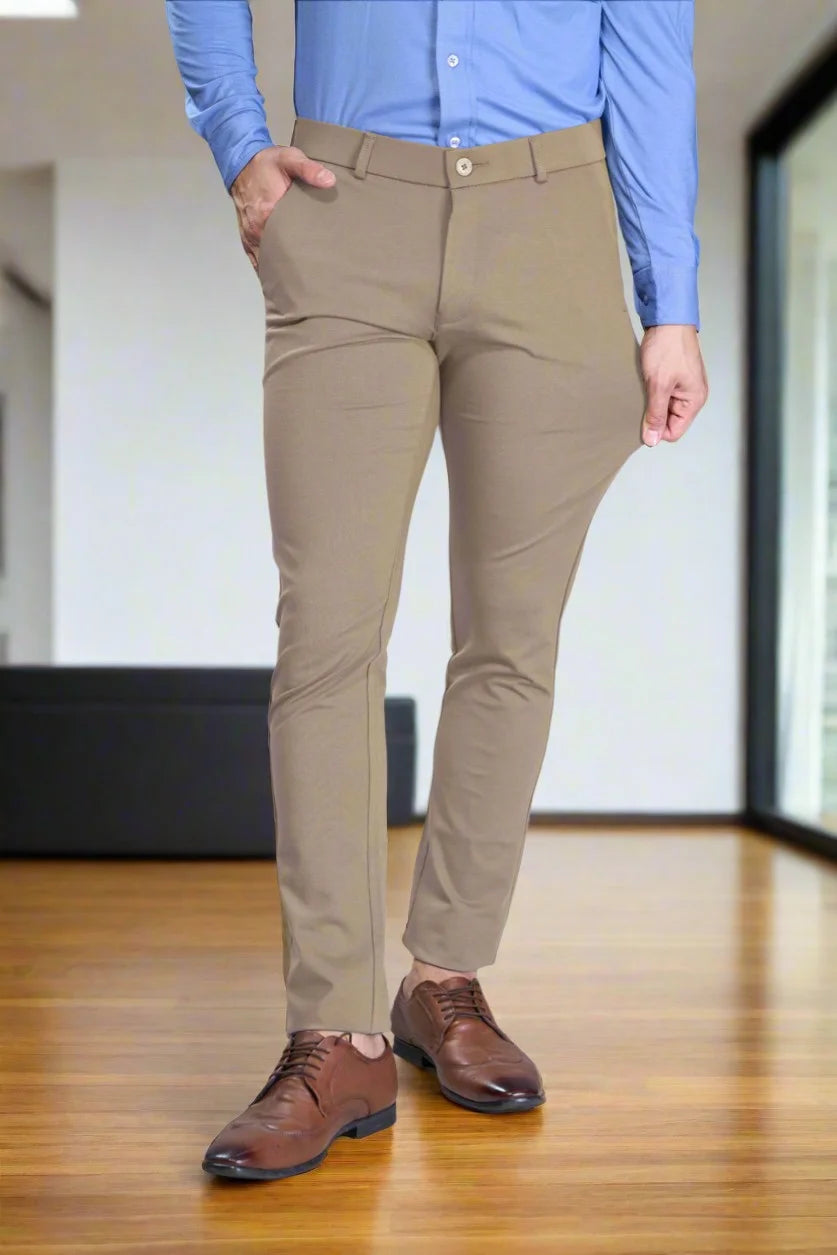 Wrinkle-resistant smart casual khaki trousers ideal for office and outings
